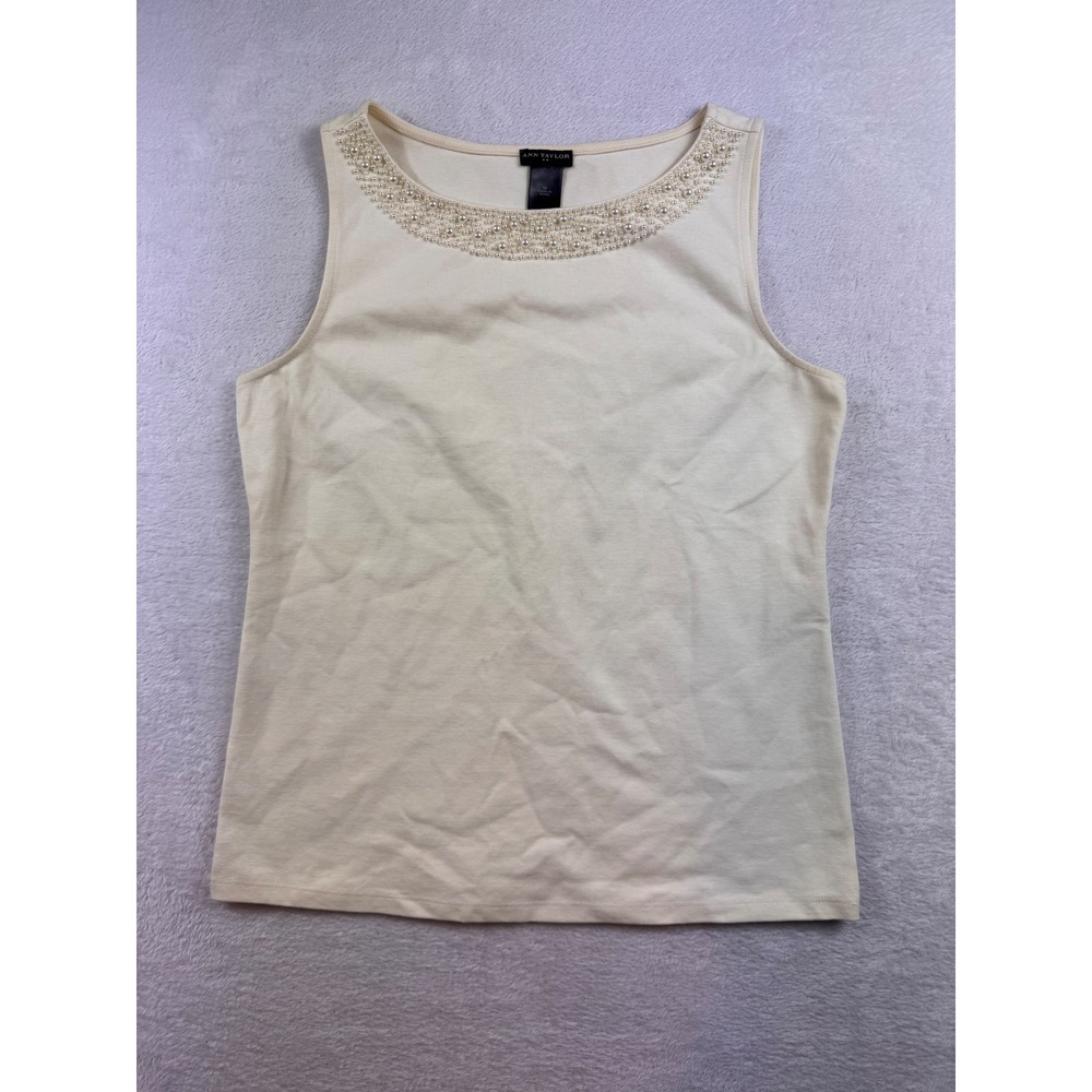 Ann Taylor Cream Pearl Embellished Sleeveless Knit Top Medium Ivory Scoop Neck